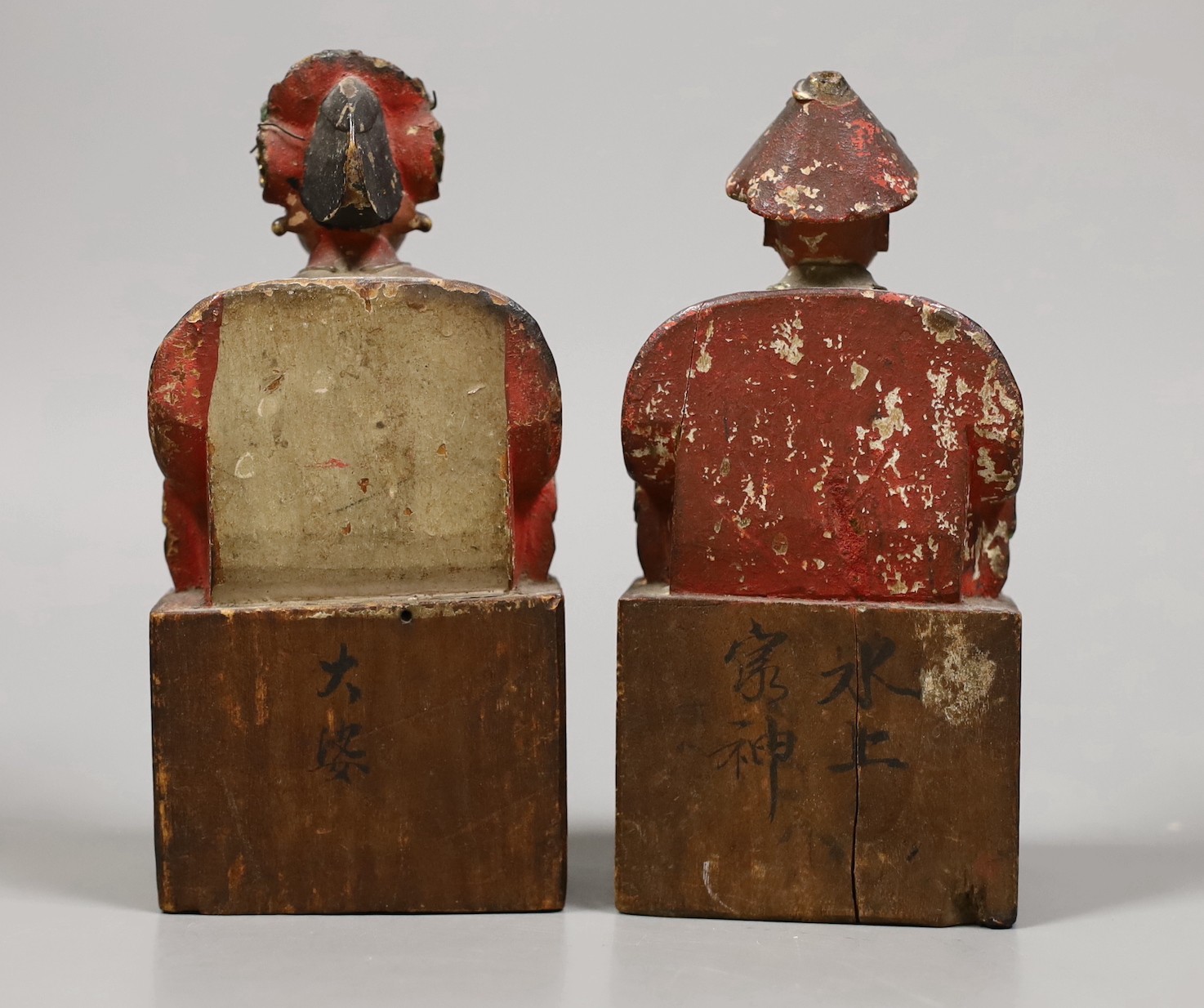Two 19th century Chinese polychrome wood figures, 14.5cm tall, and other miscellaneous items